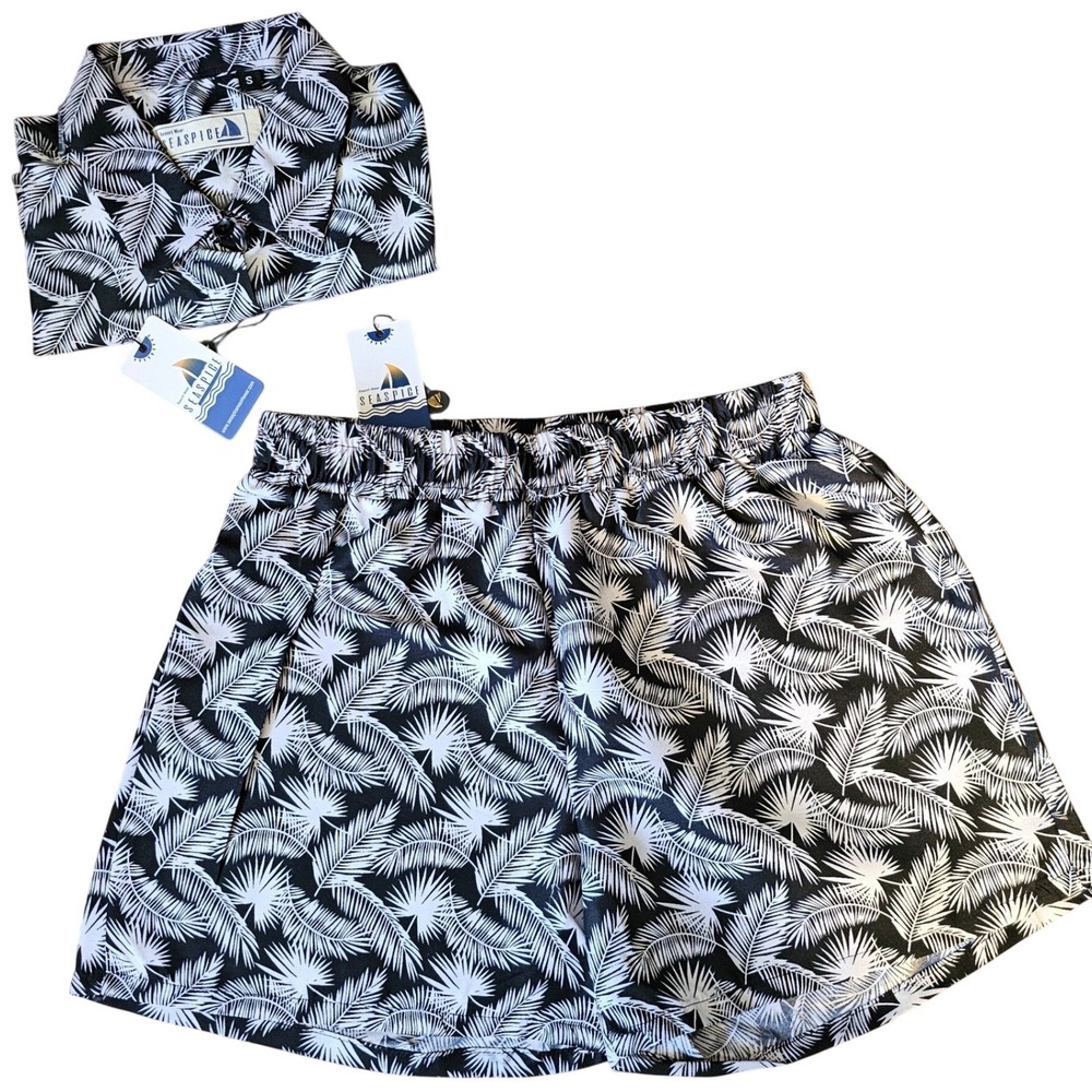 Seaspice Resort Wear Womens Black White‎ Palm Print Tie Front Top Shorts Set M